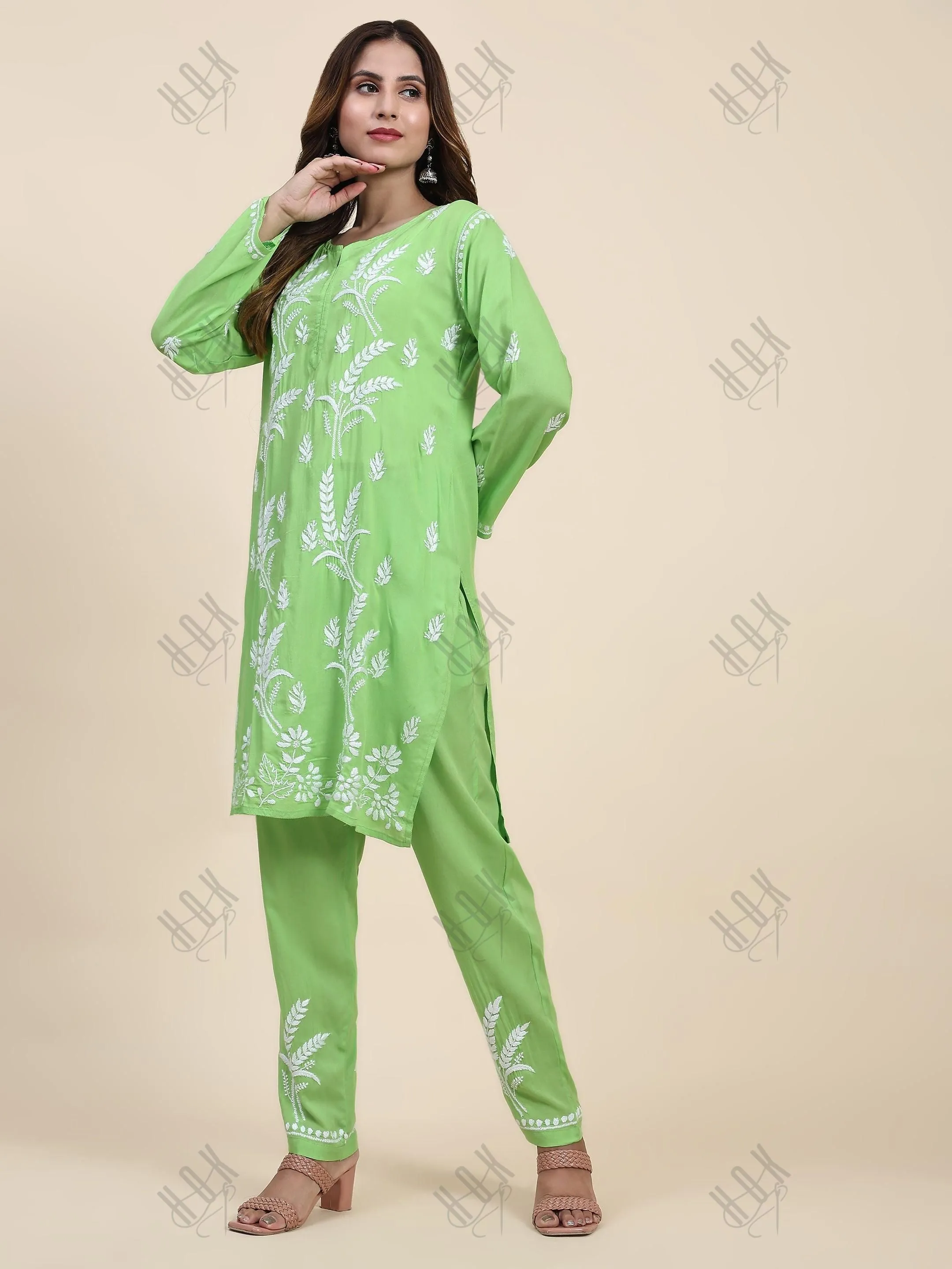 Miesha in Chikankari Short Modal Kurta Set - Green