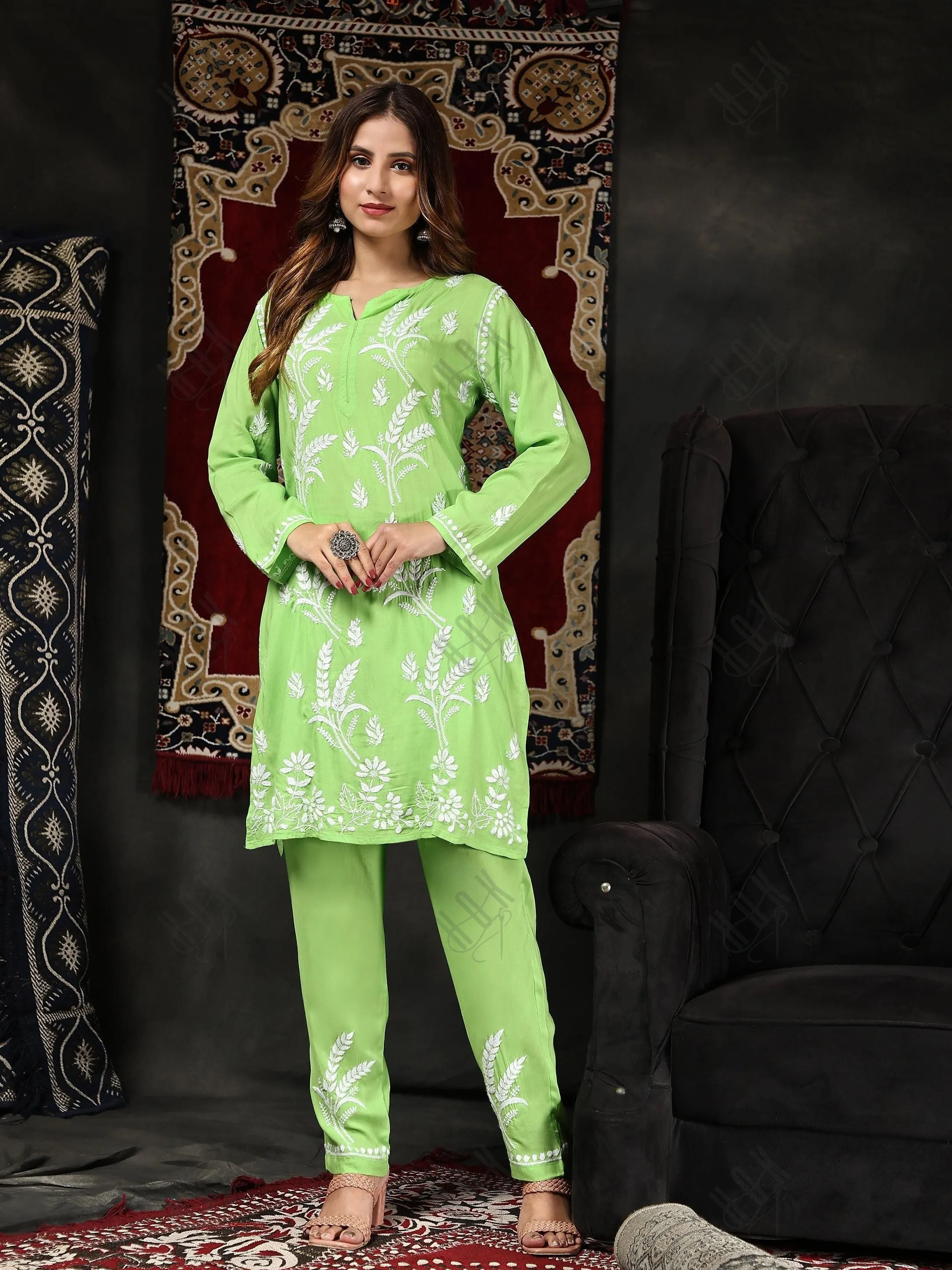 Miesha in Chikankari Short Modal Kurta Set - Green