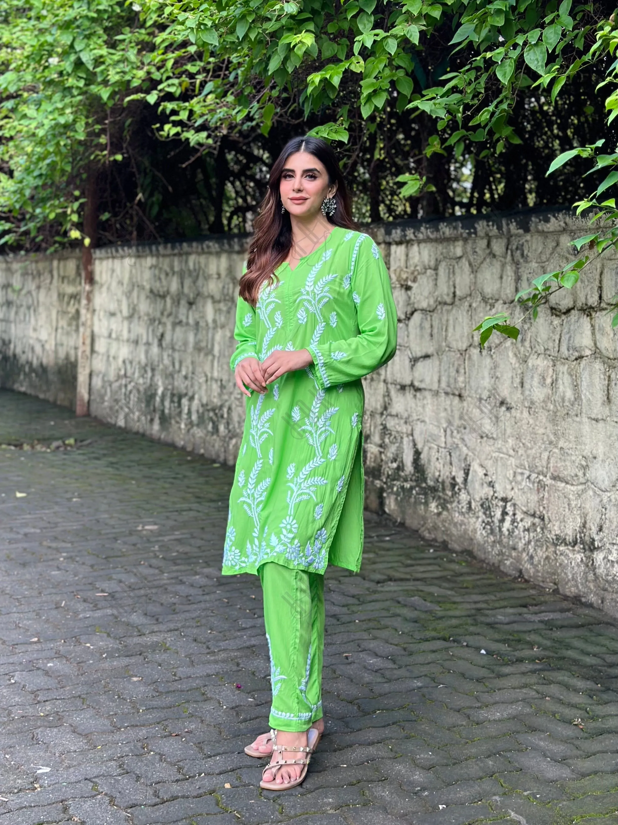 Miesha in Chikankari Short Modal Kurta Set - Green