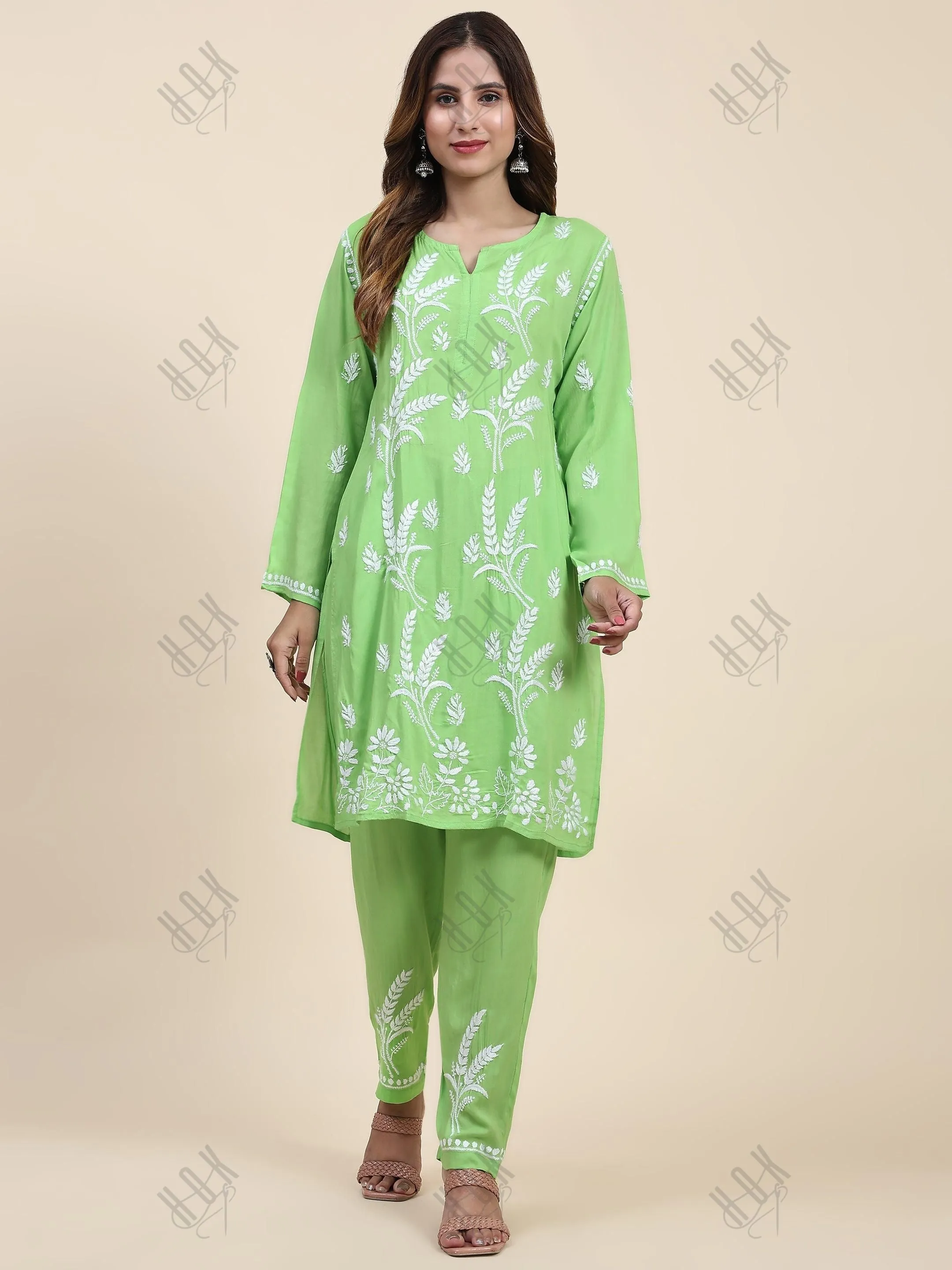 Miesha in Chikankari Short Modal Kurta Set - Green