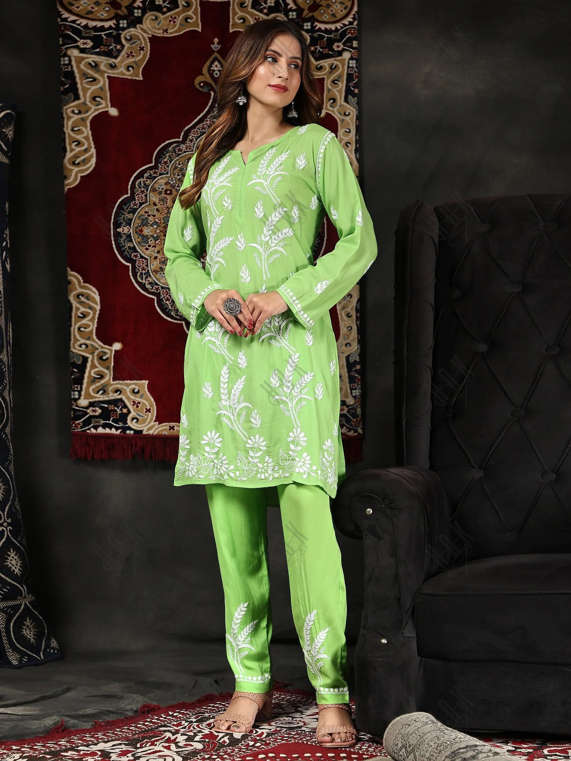 Miesha in Chikankari Short Modal Kurta Set - Green