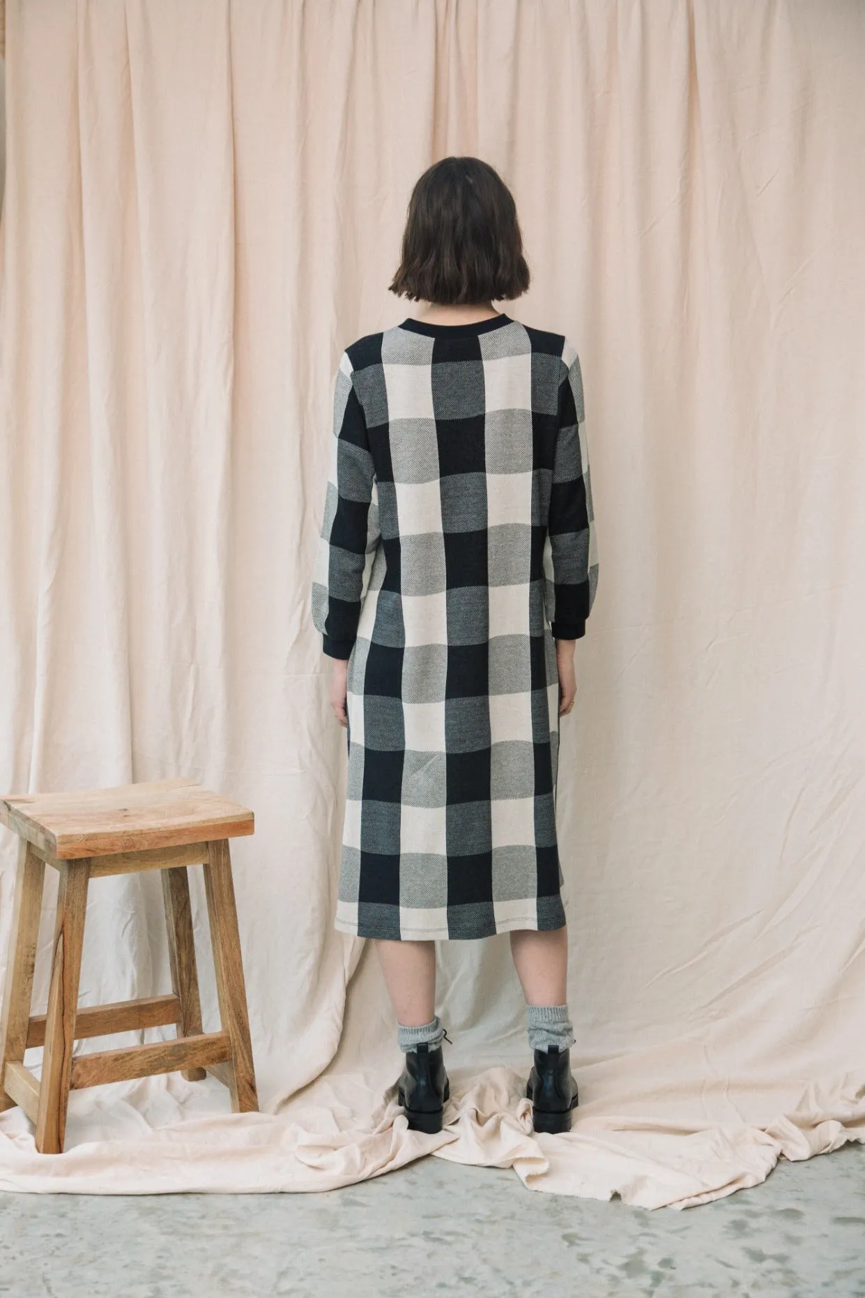 Miki-Cay Organic Cotton Knitted Check Dress in Black and Ecru