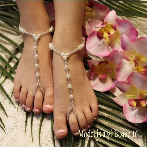 PEARL  beaded flower girl barefoot sandals  - size 10-13