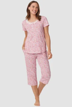 Pink and Grey Damask Short Sleeve Capri Pant PJ Set