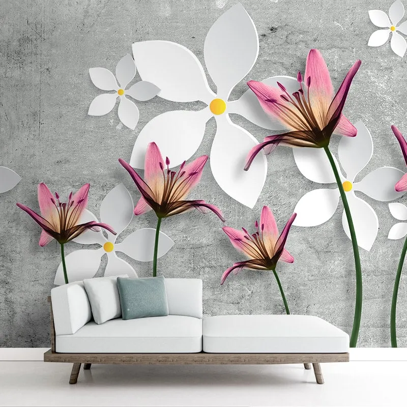 Pink Lily Flower 3D Design Wallpaper, Grey Background