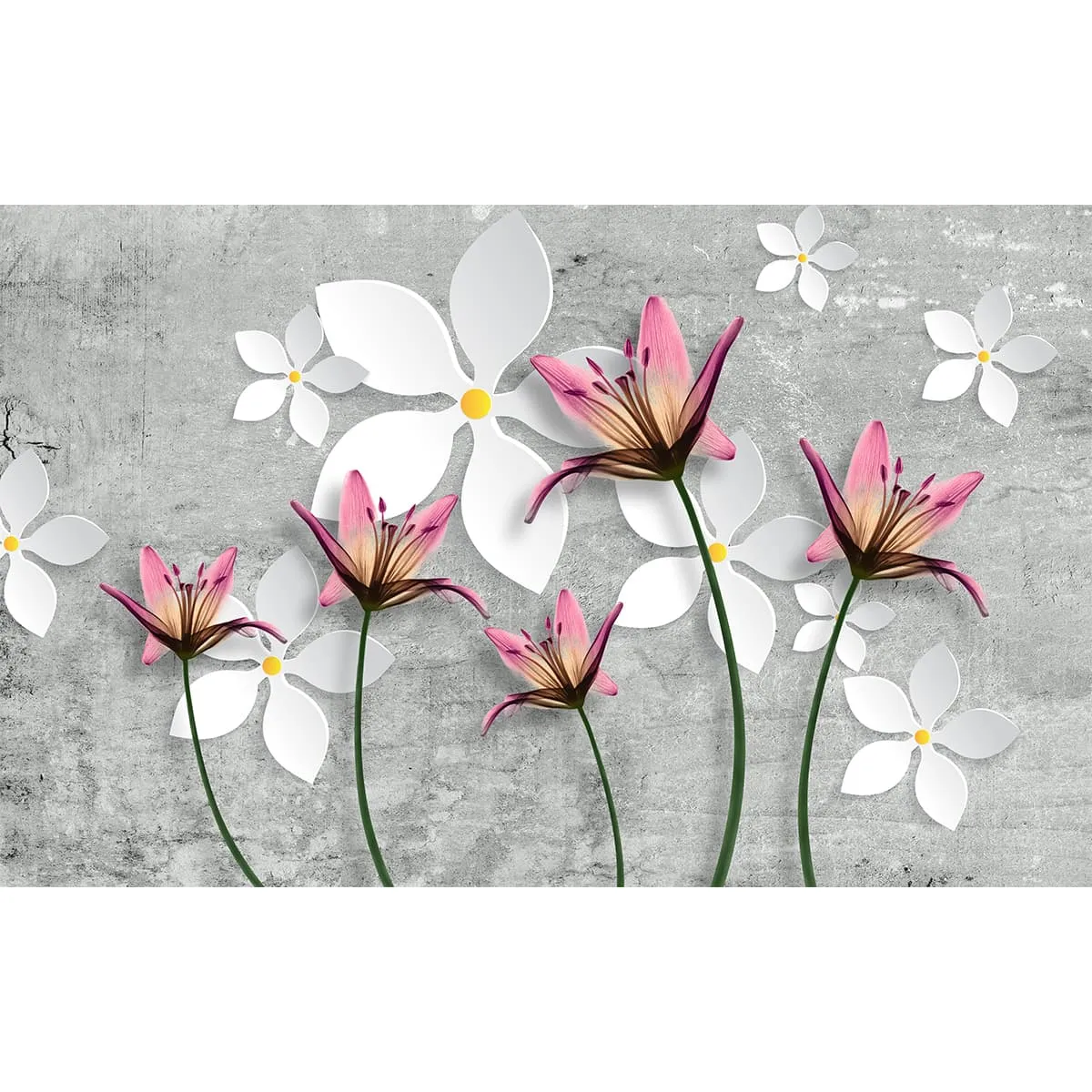 Pink Lily Flower 3D Design Wallpaper, Grey Background