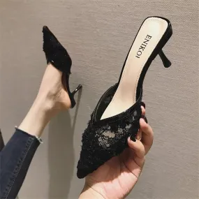 Pointed Toe Black Mesh Thin Heels