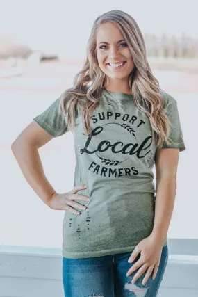 "Support Your Local Farmers" Laser Cut Graphic Short Sleeve Top in Olive