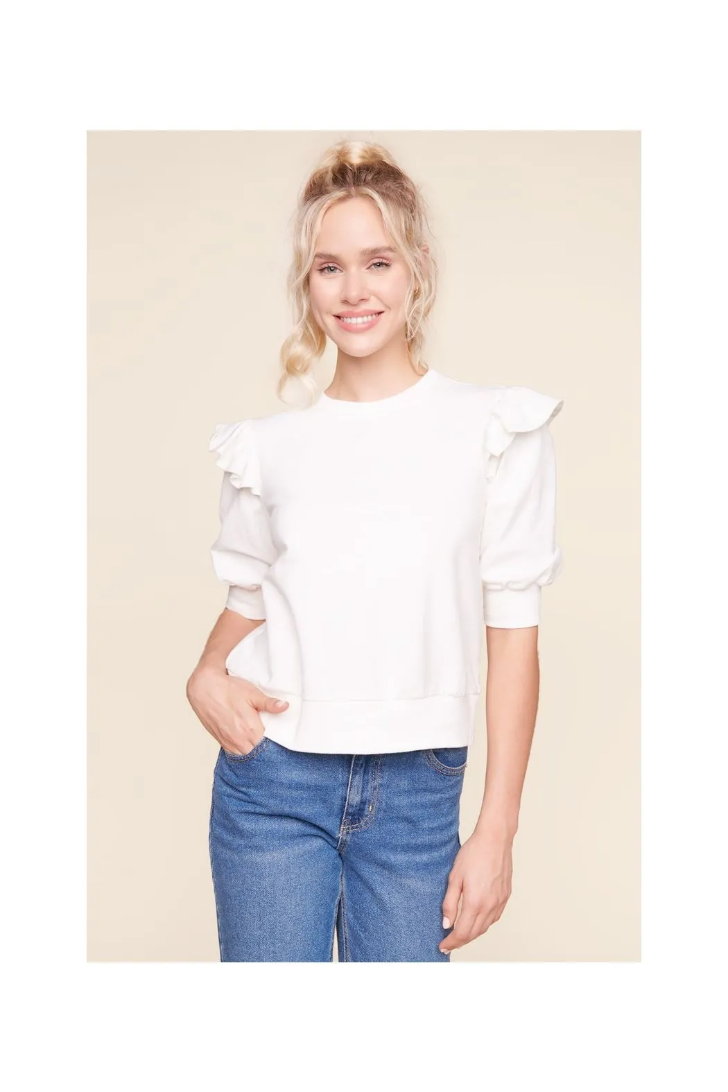 RUFFLE SLEEVE FRENCH TERRY TOP