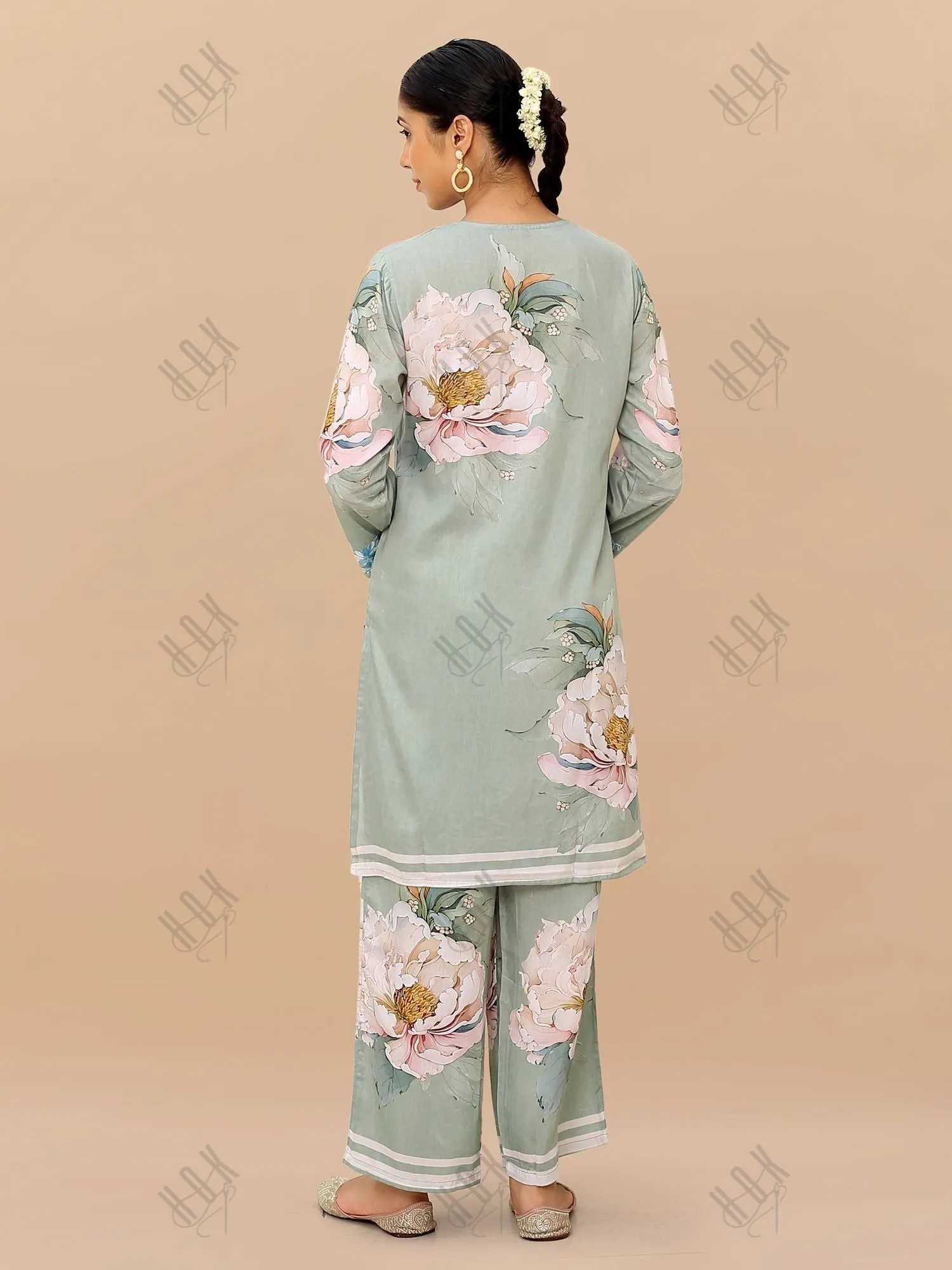 Saba Chikankari Set in Printed Polysilk -  Floral Green