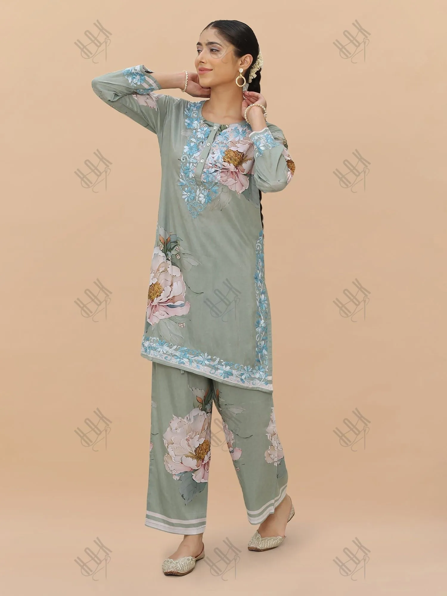 Saba Chikankari Set in Printed Polysilk -  Floral Green