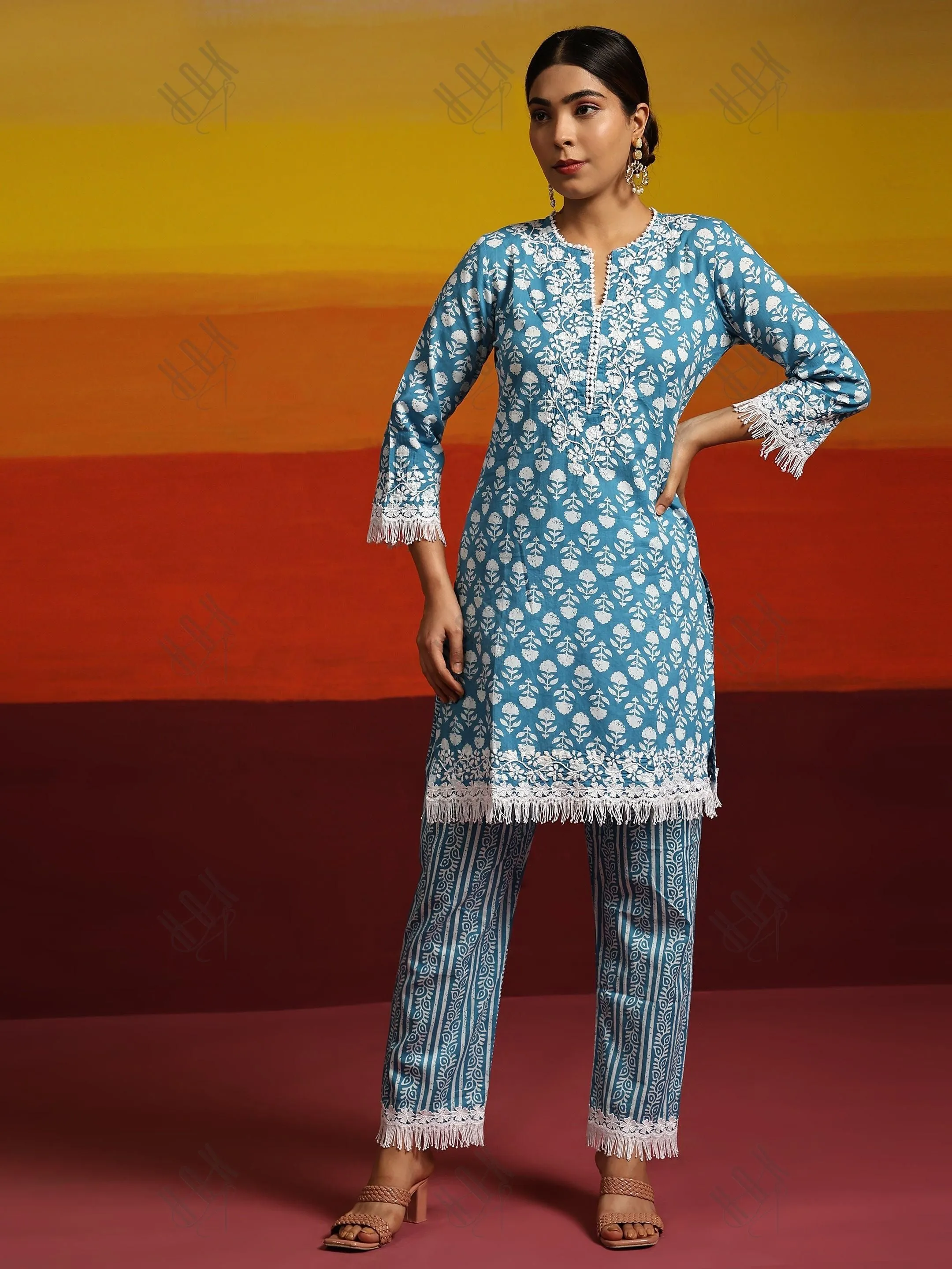 Samma Chikankari Co-ord set in Cotton for Women- Blue