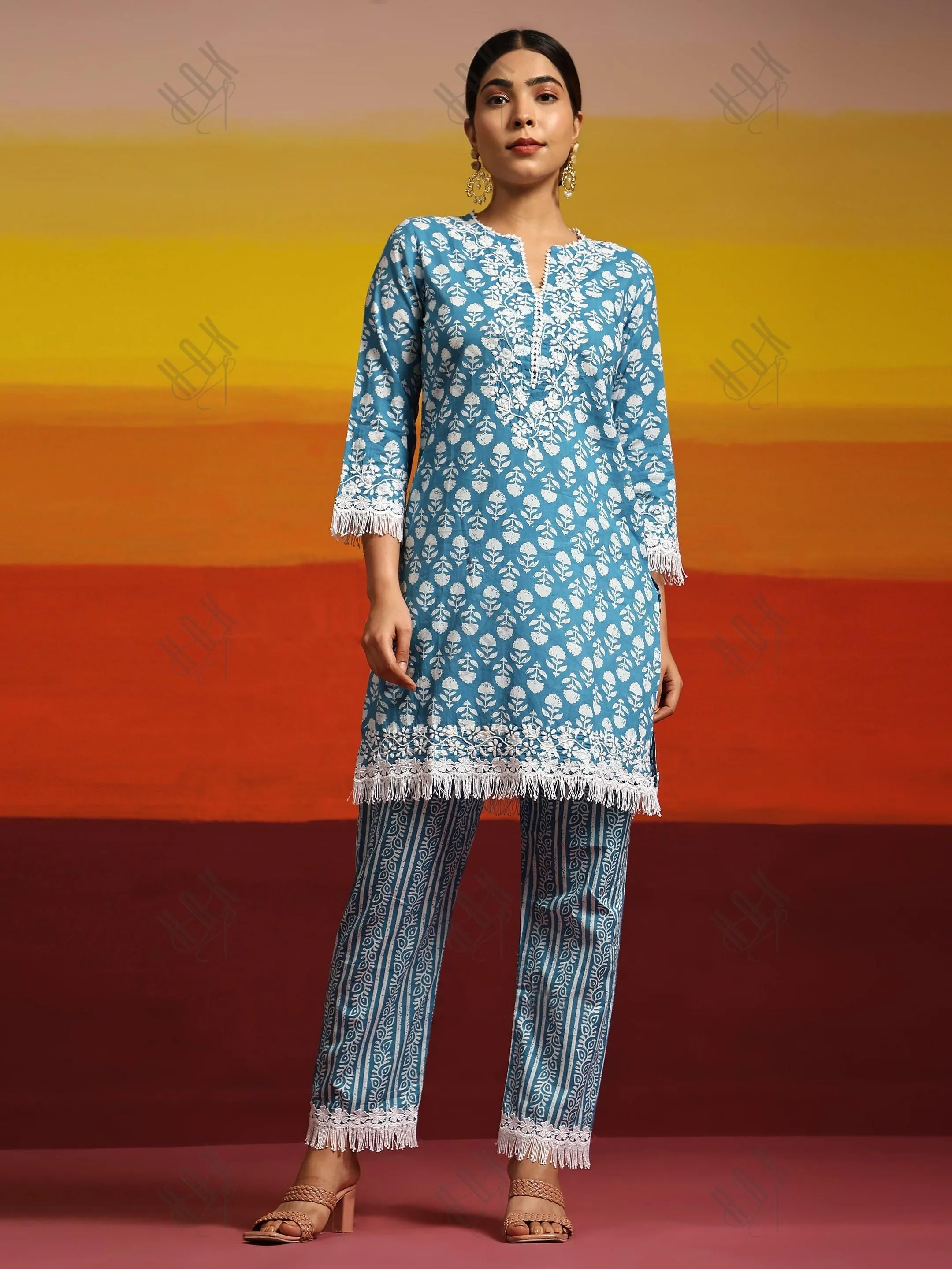 Samma Chikankari Co-ord set in Cotton for Women- Blue