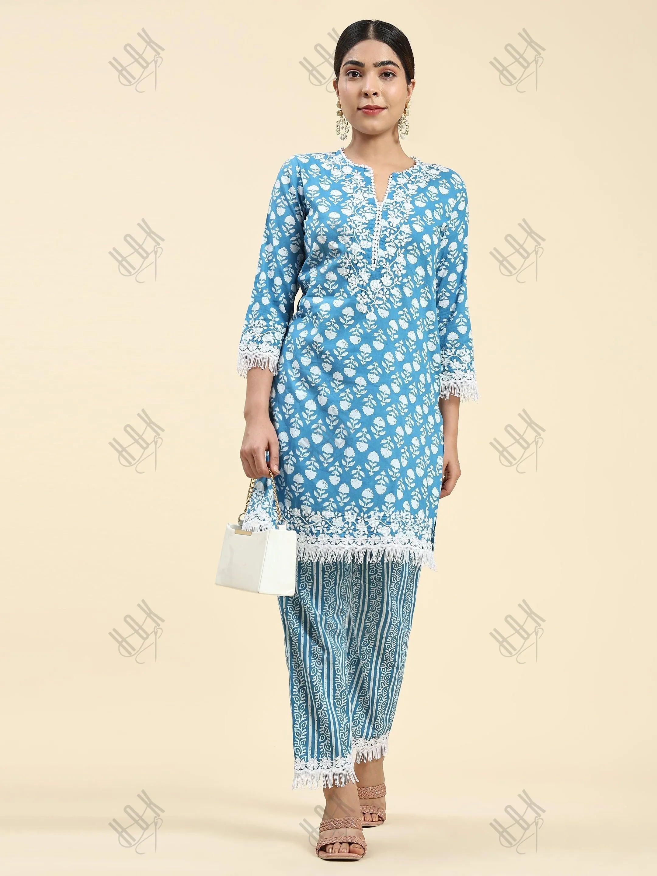 Samma Chikankari Co-ord set in Cotton for Women- Blue