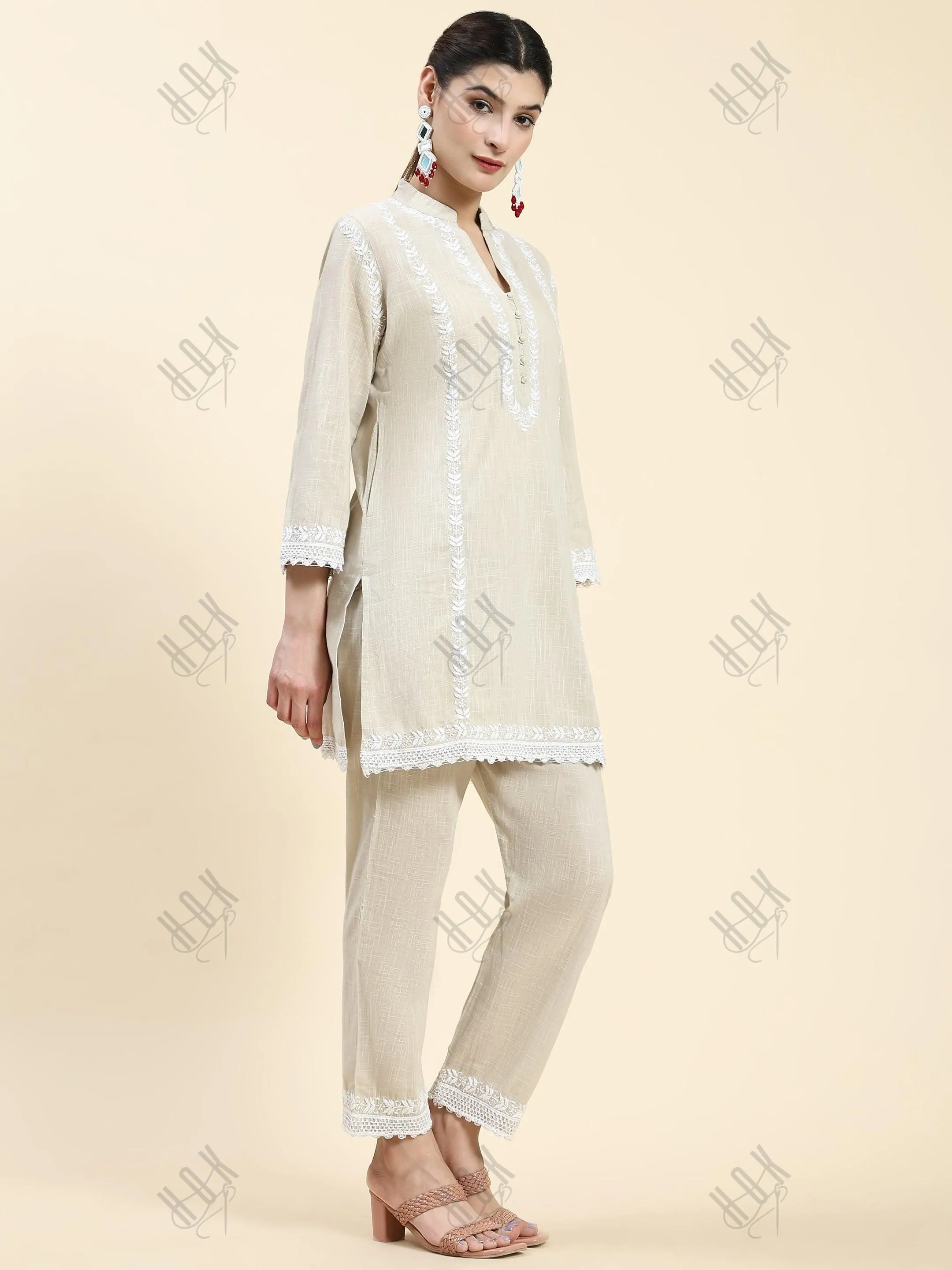 Samma Chikankari CO-ORD Set In  for Women In Beige