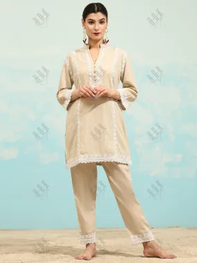 Samma Chikankari CO-ORD Set In  for Women In Beige