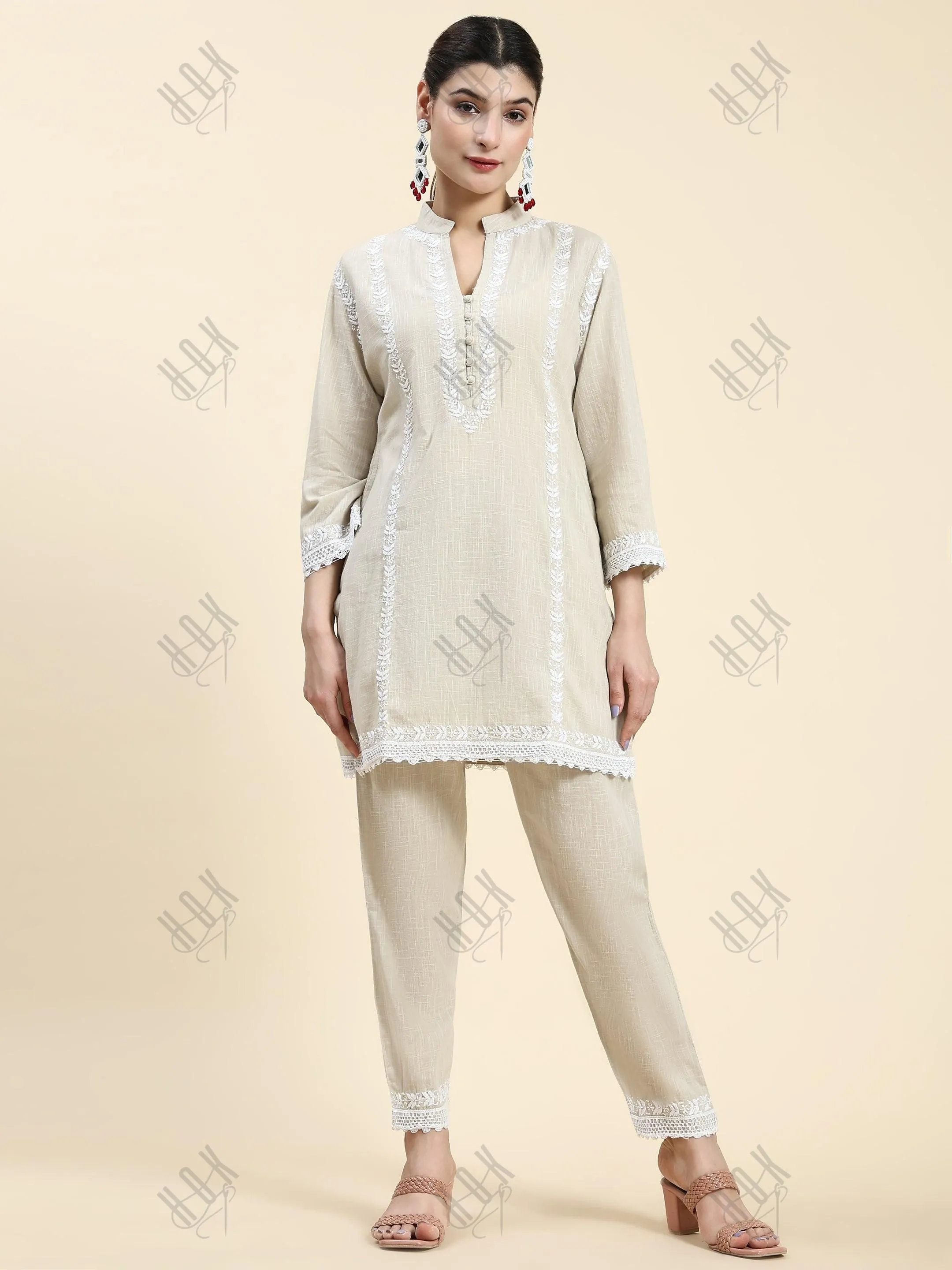 Samma Chikankari CO-ORD Set In  for Women In Beige