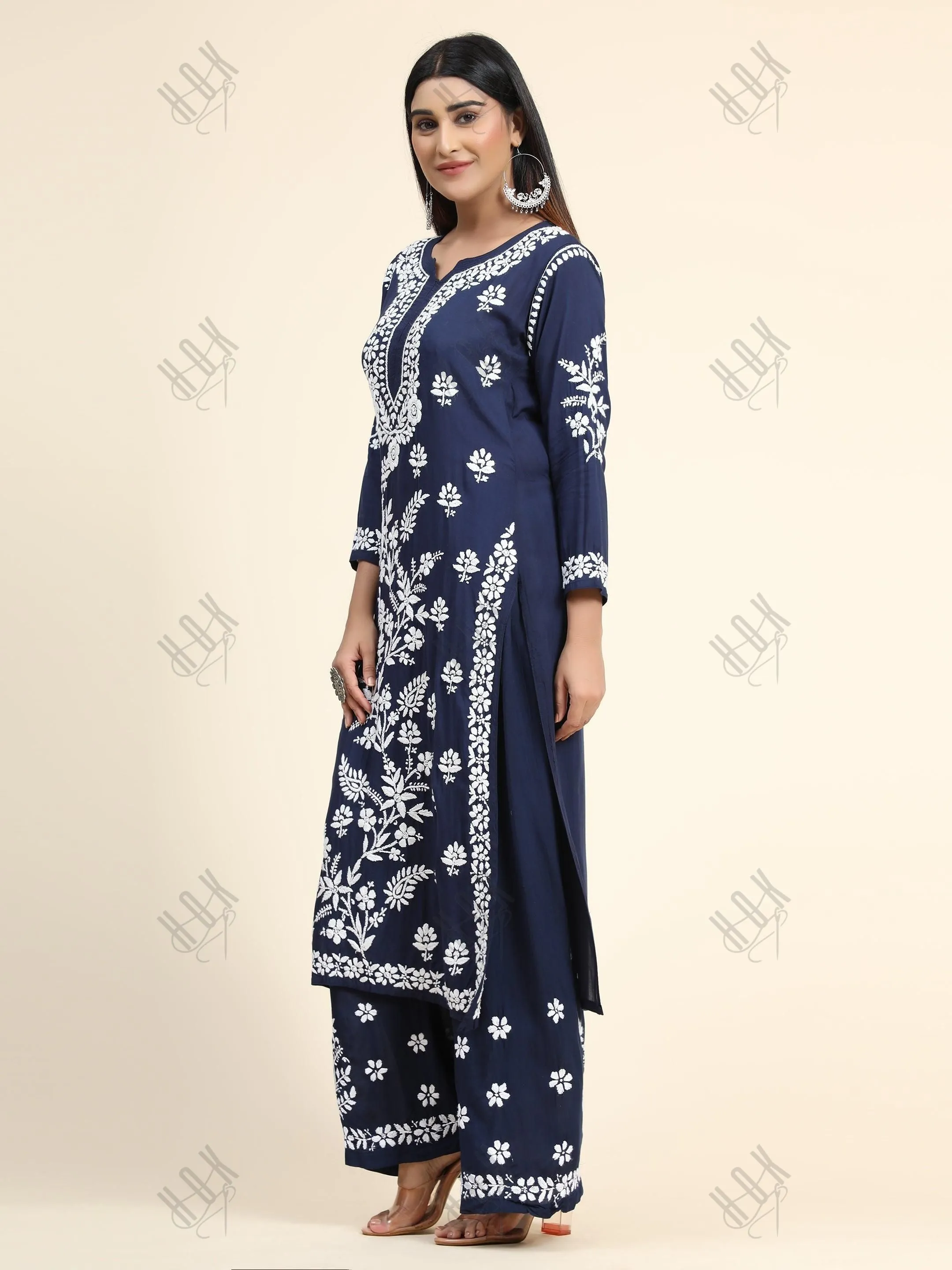 Samma Premium Hand Embroidery Chikankari Co-Ord Set in Modal Cotton Blue