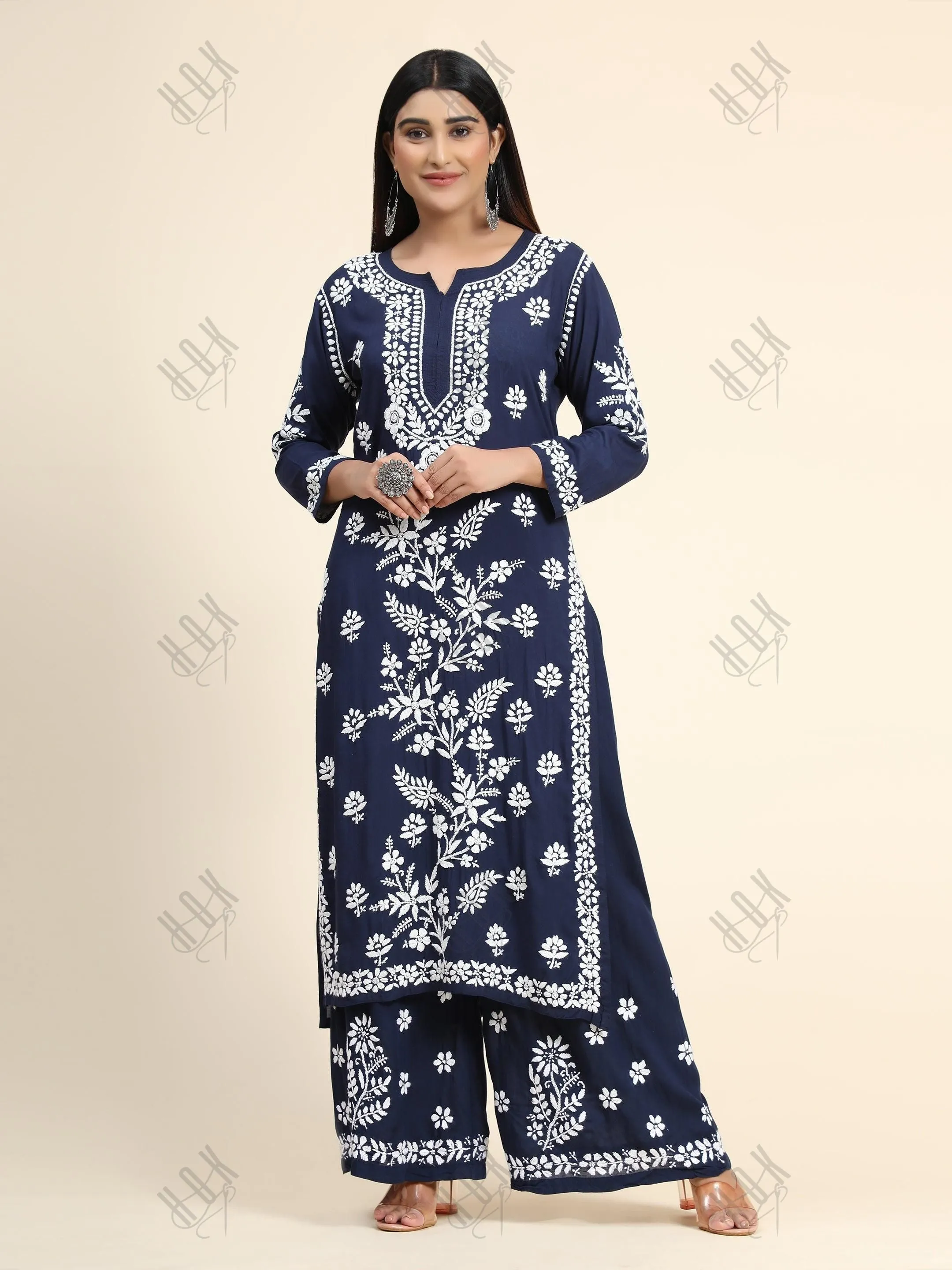 Samma Premium Hand Embroidery Chikankari Co-Ord Set in Modal Cotton Blue