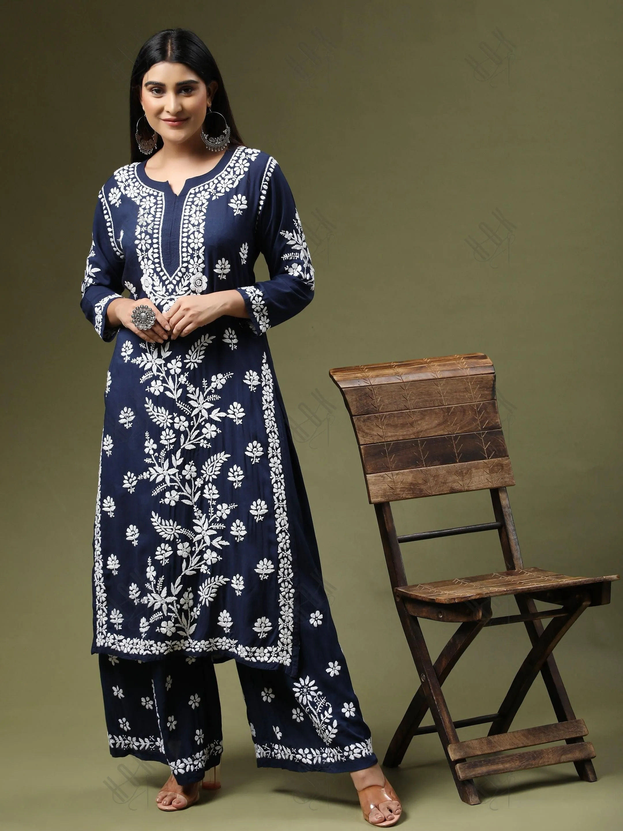 Samma Premium Hand Embroidery Chikankari Co-Ord Set in Modal Cotton Blue