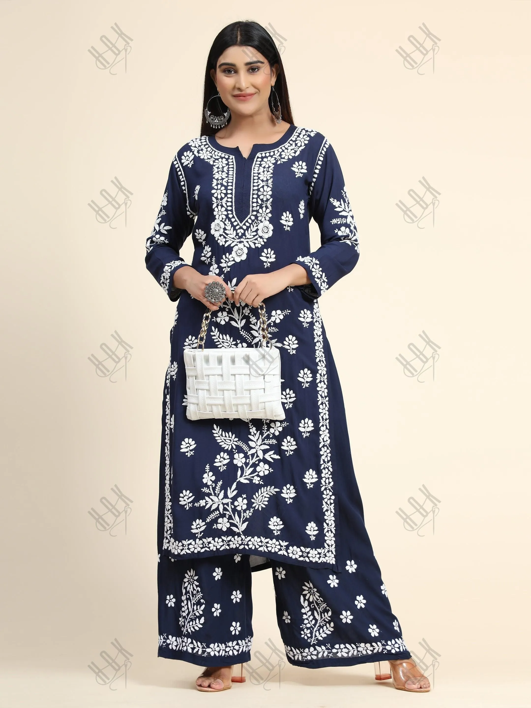 Samma Premium Hand Embroidery Chikankari Co-Ord Set in Modal Cotton Blue