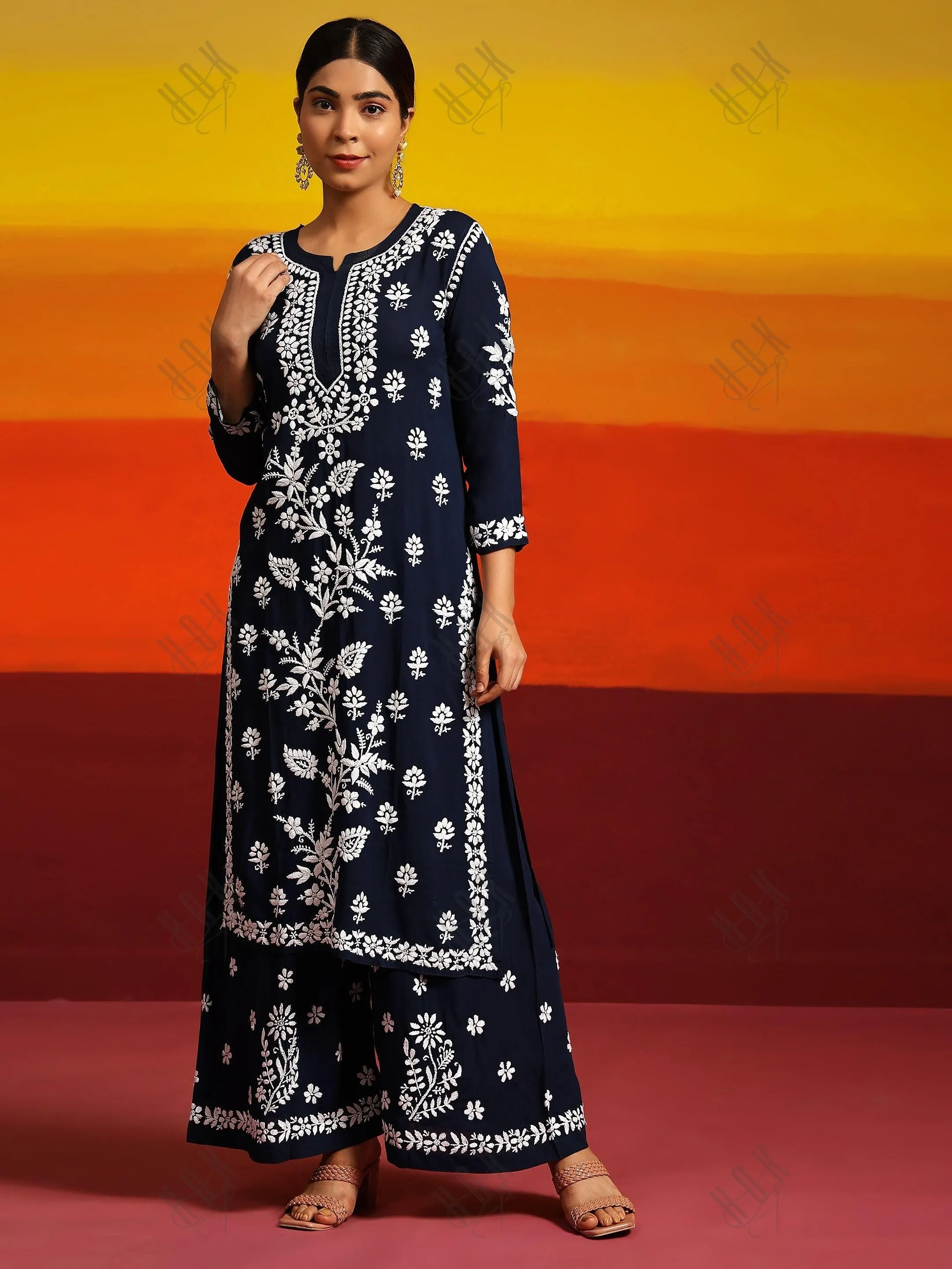 Samma Premium Hand Embroidery Chikankari Co-Ord Set in Modal Cotton Blue