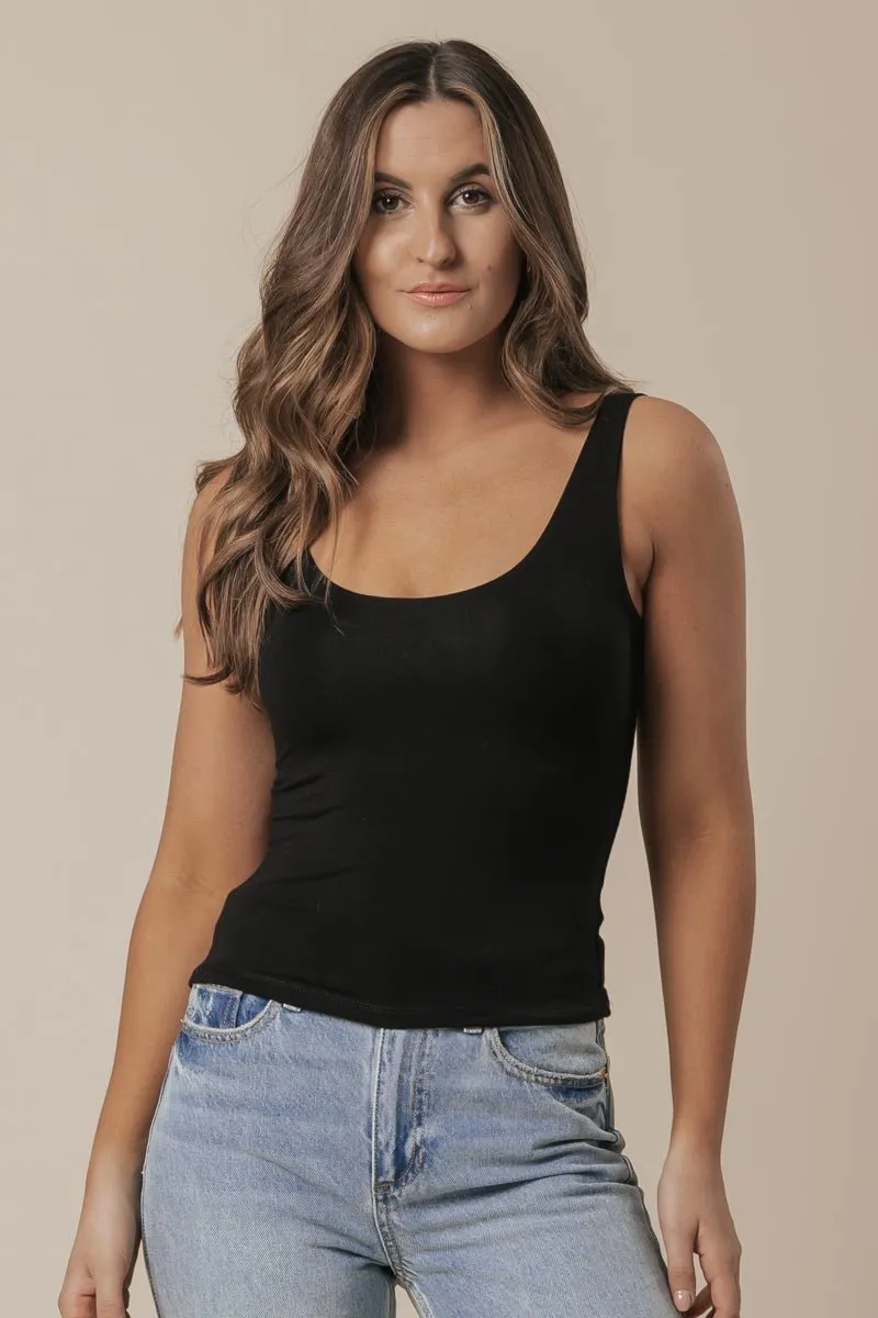 Scoop Neck Double Lined Jersey Tank - Black