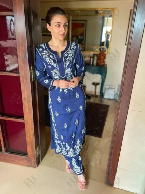 Soha Ali Khan Pataudi in House of Kari Hand Embroidery Chikankari CO-ORD set  for Women In Navy Blue