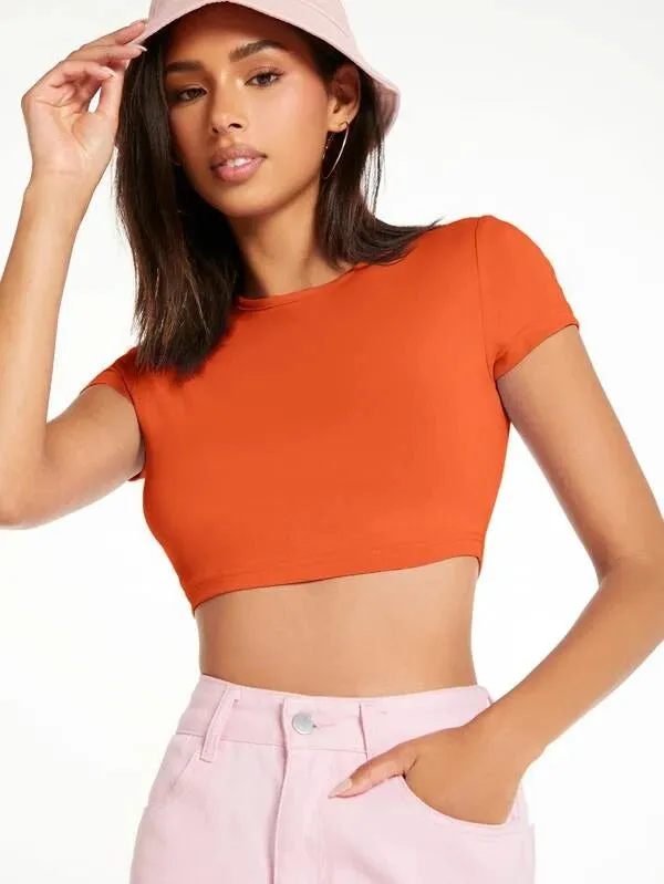 SOLID MOCK NECK CROP TOP-ORANGE