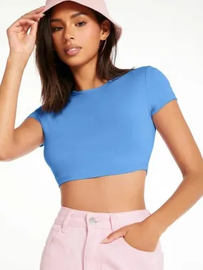 SOLID MOCK NECK CROP TOP-SKY BLUE