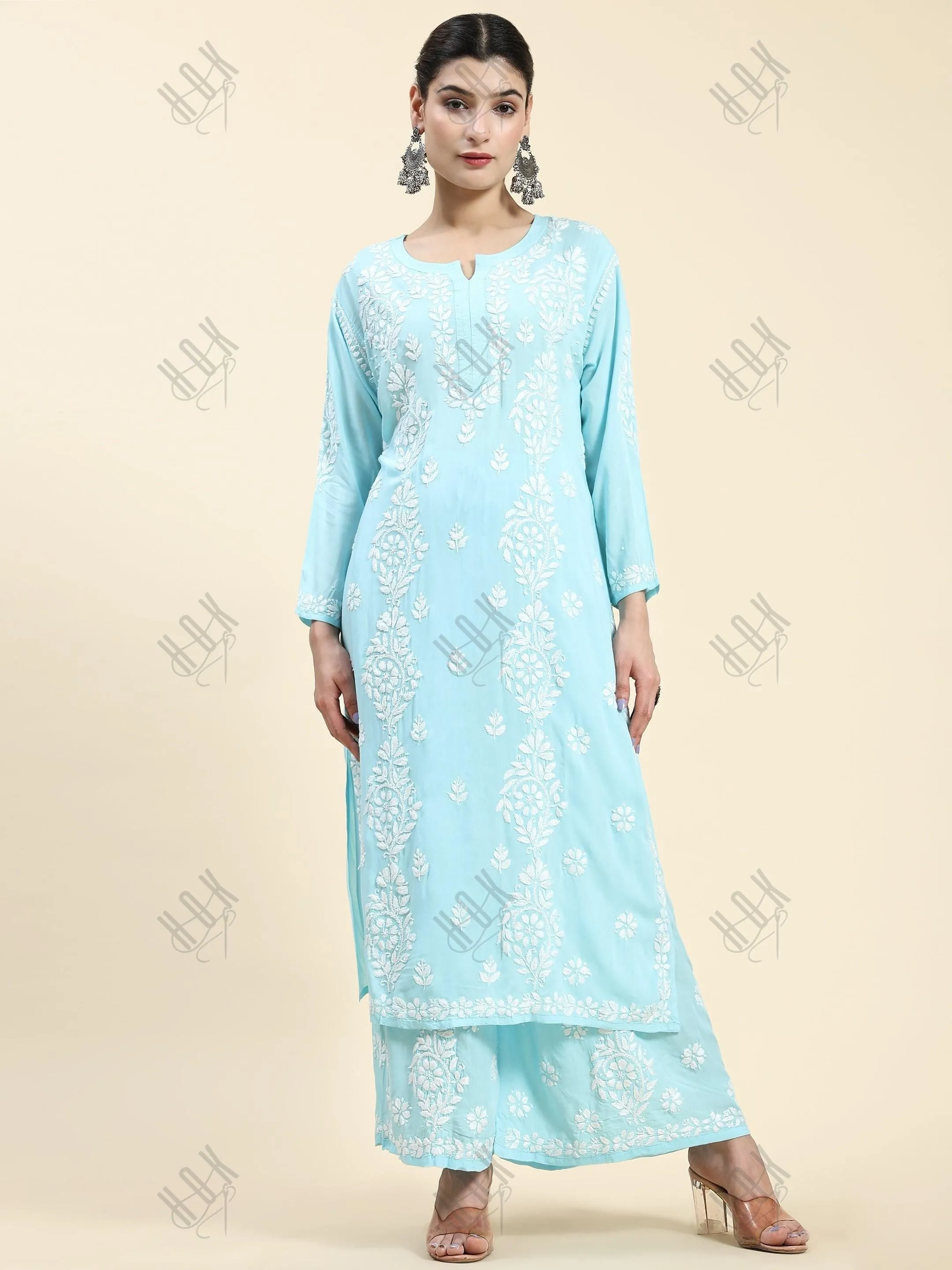 Sukhneet in Chikankari CO-ORD Set In Modal Cotton for Women In Light Blue