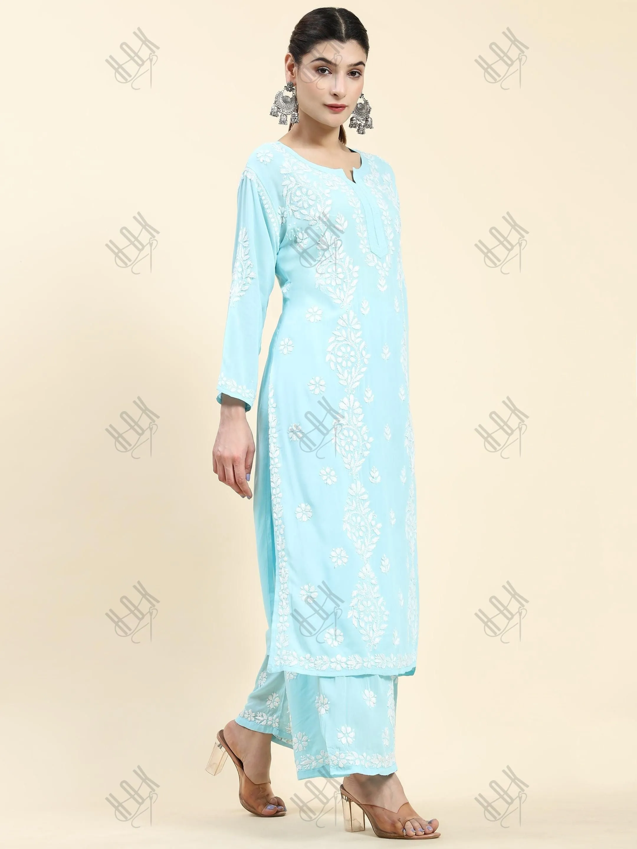 Sukhneet in Chikankari CO-ORD Set In Modal Cotton for Women In Light Blue