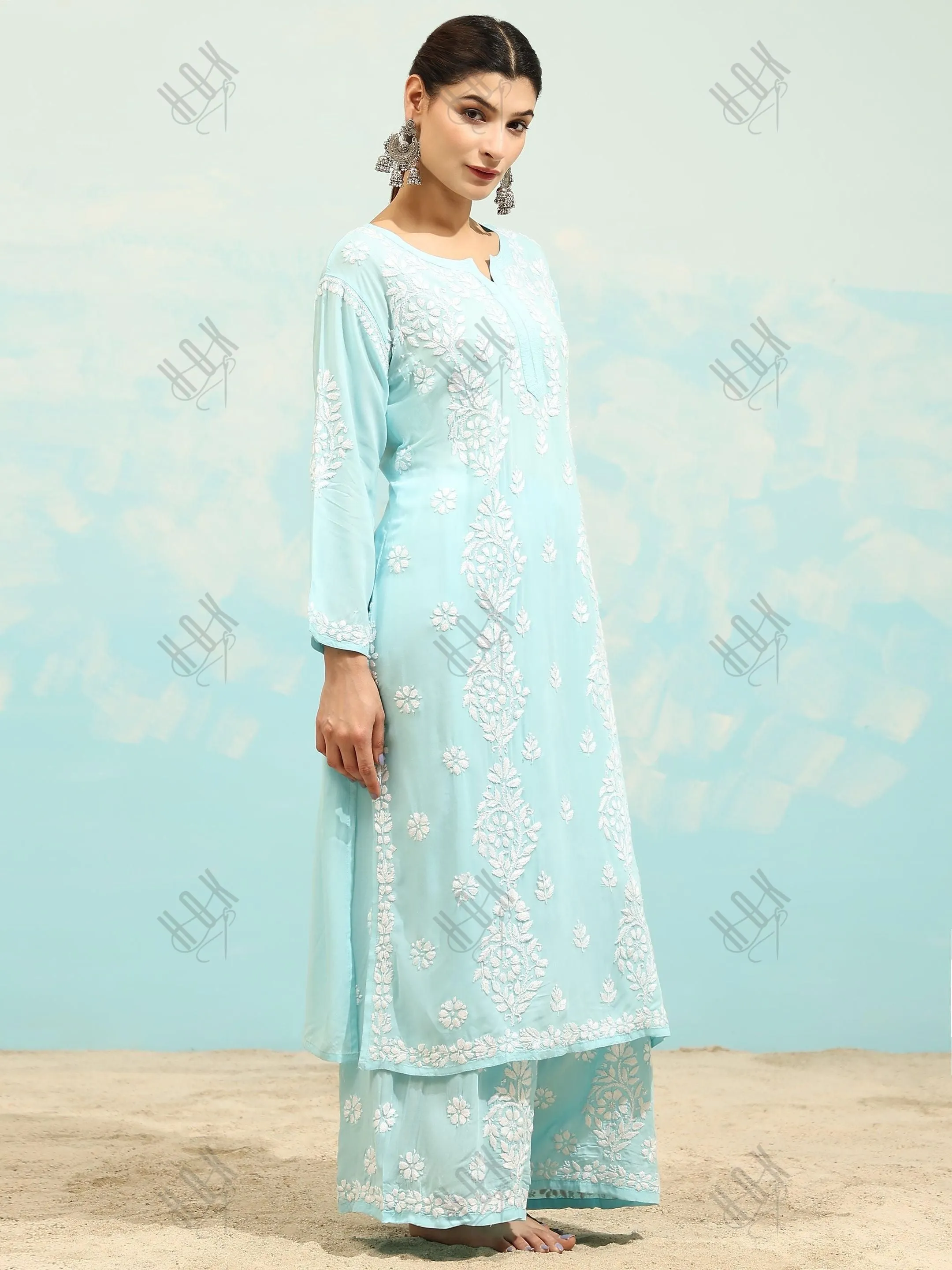 Sukhneet in Chikankari CO-ORD Set In Modal Cotton for Women In Light Blue