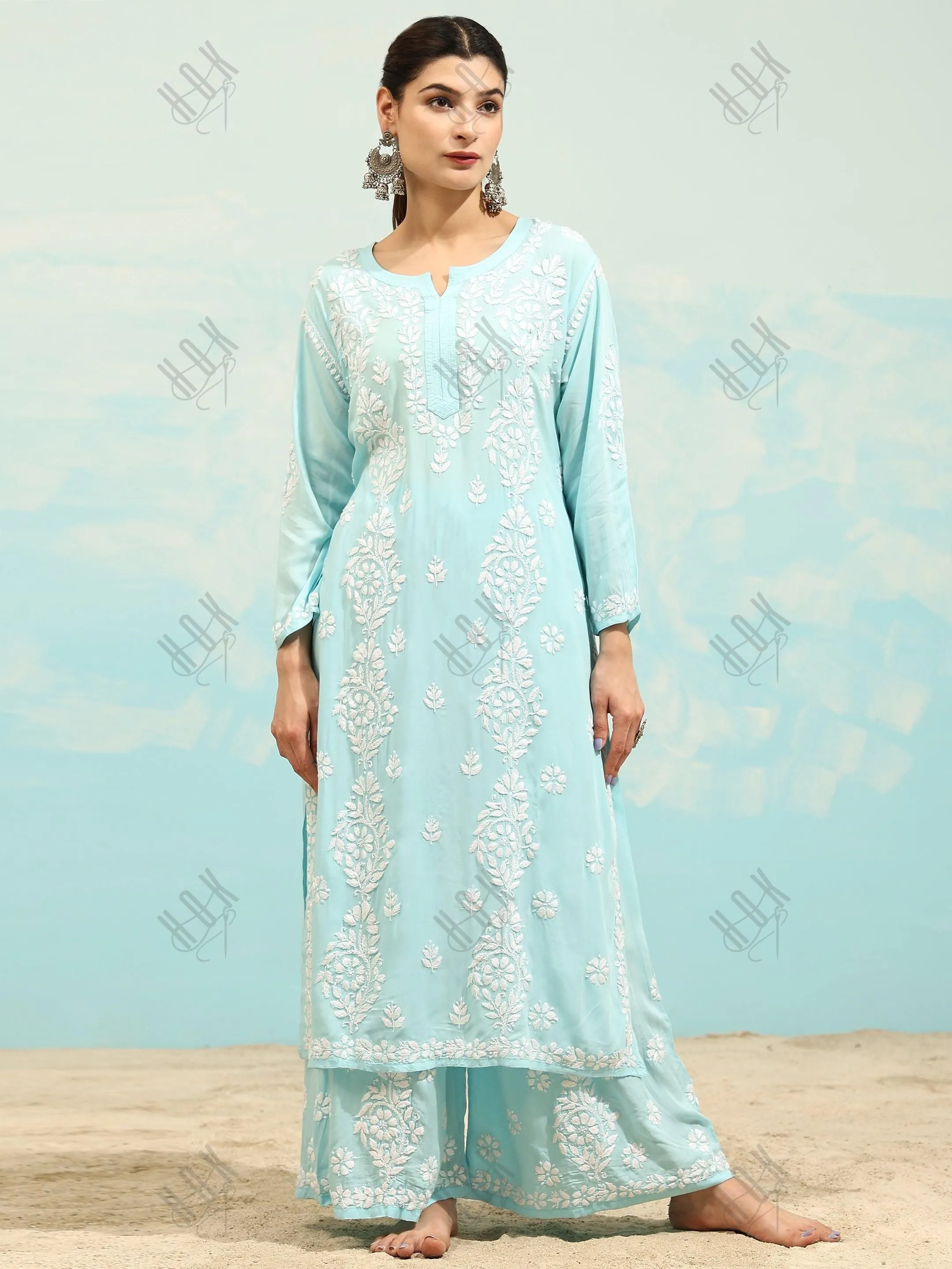 Sukhneet in Chikankari CO-ORD Set In Modal Cotton for Women In Light Blue