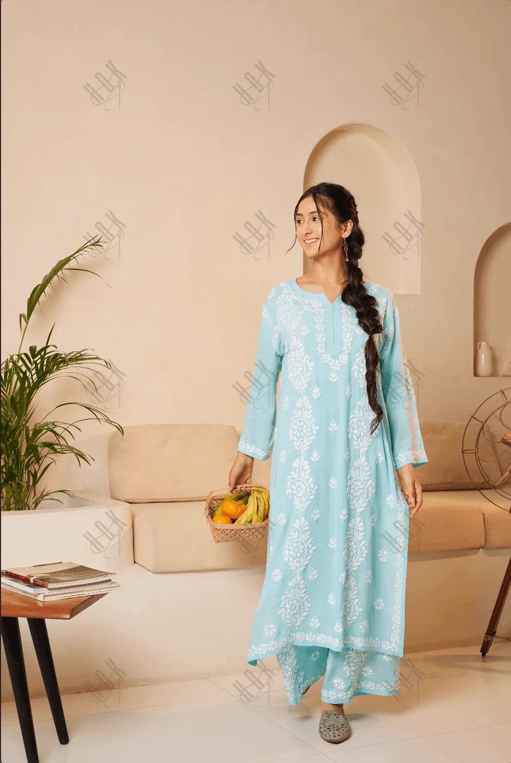 Sukhneet in Chikankari CO-ORD Set In Modal Cotton for Women In Light Blue