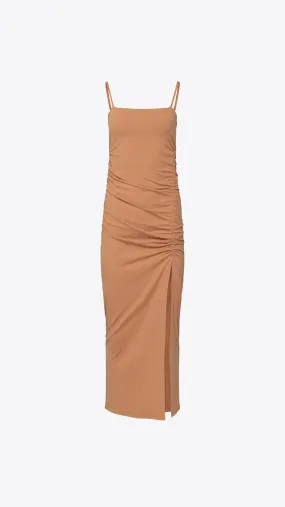 Thin Strap Ruched Slit Dress - Caramel