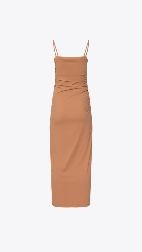 Thin Strap Ruched Slit Dress - Caramel