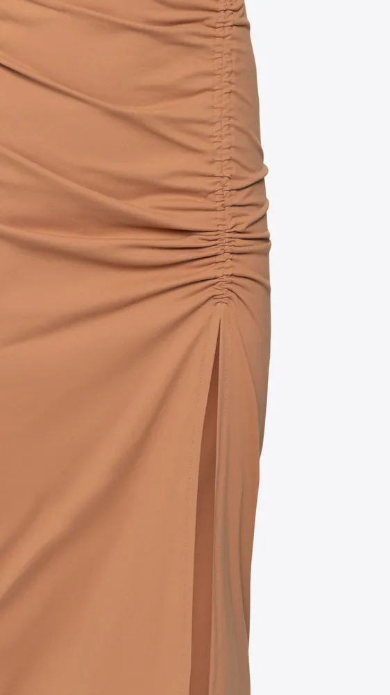 Thin Strap Ruched Slit Dress - Caramel