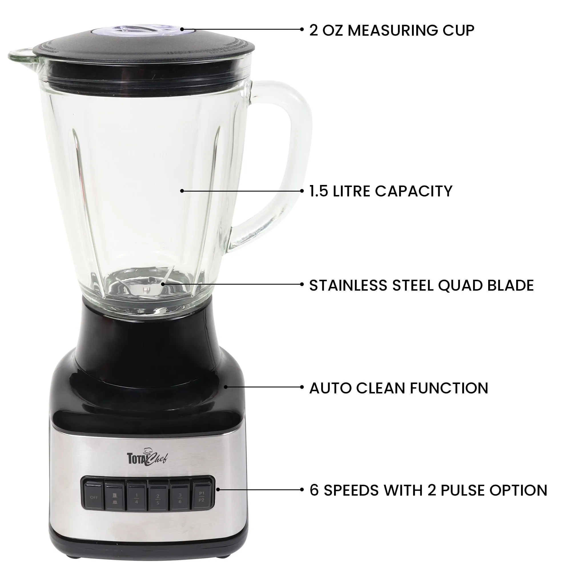 Total Chef 6-Speed Countertop Blender | 6 Cup (1.5L) Glass Jar | 2 Pulse Options | 500W | Stainless Steel Blades | Auto-Clean Function | Puree Crush Blend | Smoothies Shakes Dips | Black & Silver