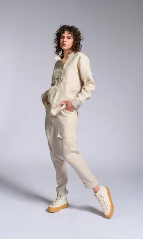 Two-piece Set of Linen Shirt and Pants with Decorative Flap Pockets