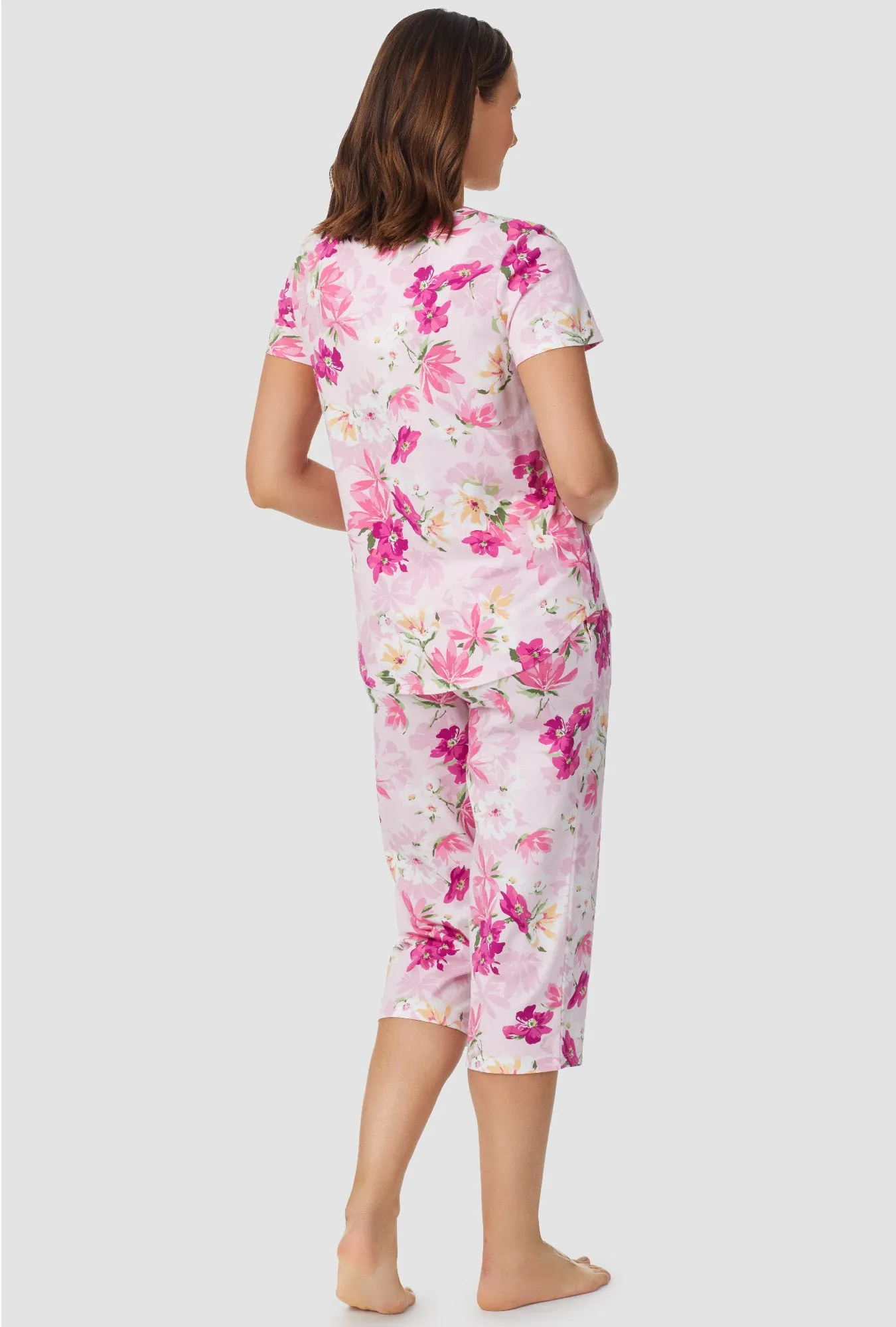 White and Magenta Floral Short Sleeve Capri Pant PJ Set