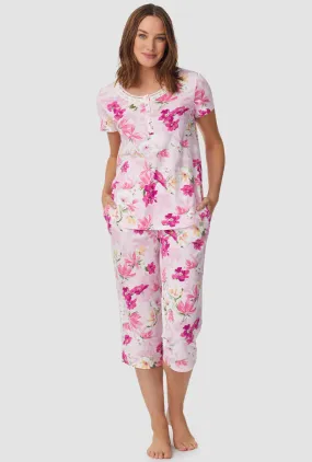 White and Magenta Floral Short Sleeve Capri Pant PJ Set