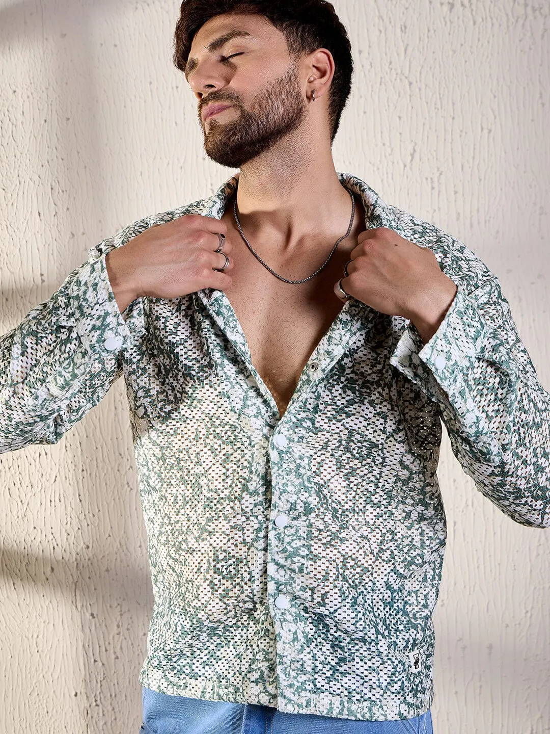 White And Olive Floral Lace Shirt