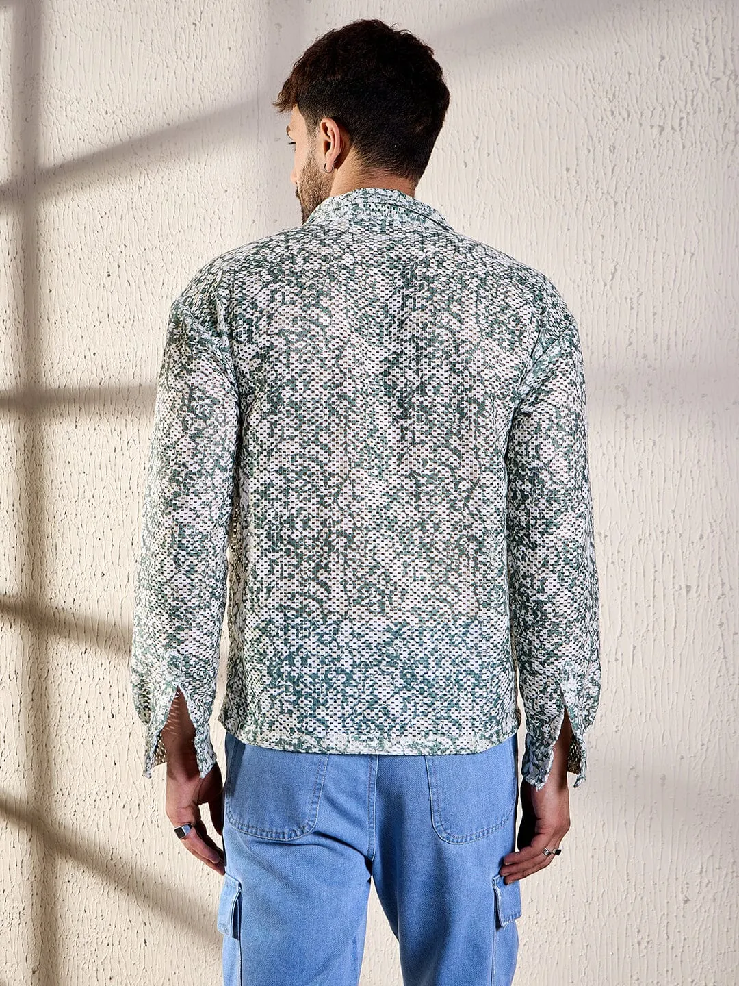 White And Olive Floral Lace Shirt