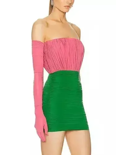 Women’s Color-Contrast Strapless Ruched Mini Dress with Long Gloves