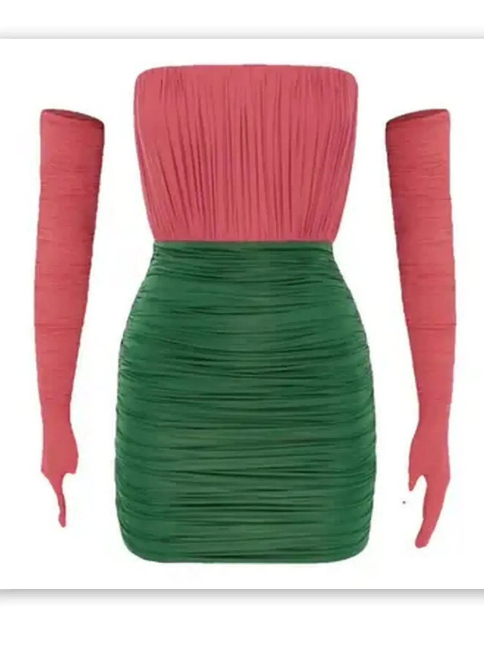 Women’s Color-Contrast Strapless Ruched Mini Dress with Long Gloves