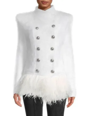 Women’s Double-Breasted Feather Trim Jacket, White